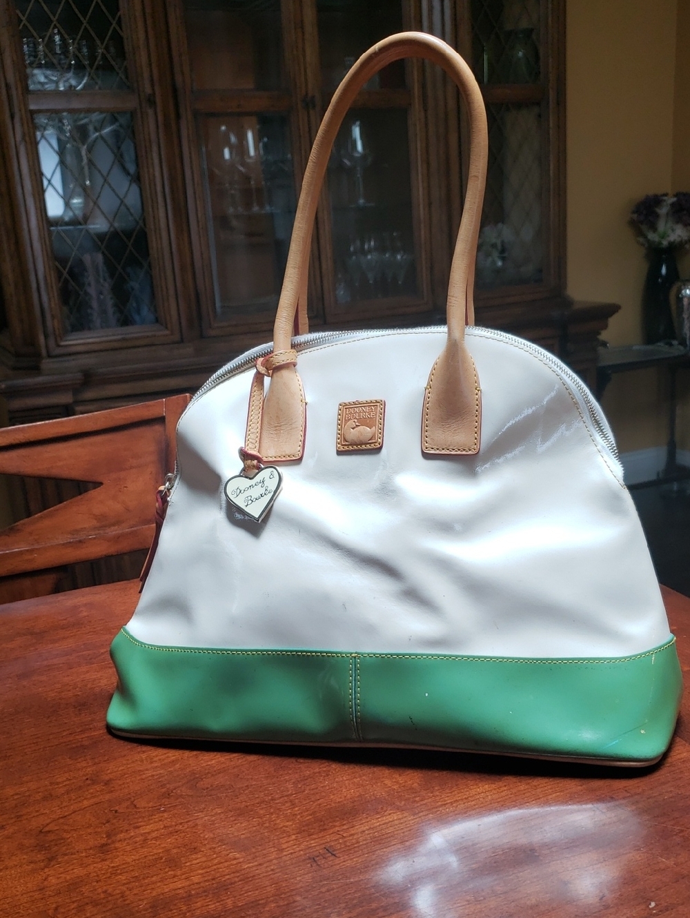 Dooney & Bourke White and Green Leather Dome Satchel with Tan Handles